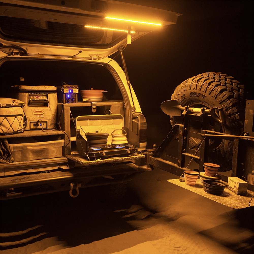 AreaBFE Tents Hard Korr 2 Bar Orange/White LED overlanding and camping light kit with diffusers.