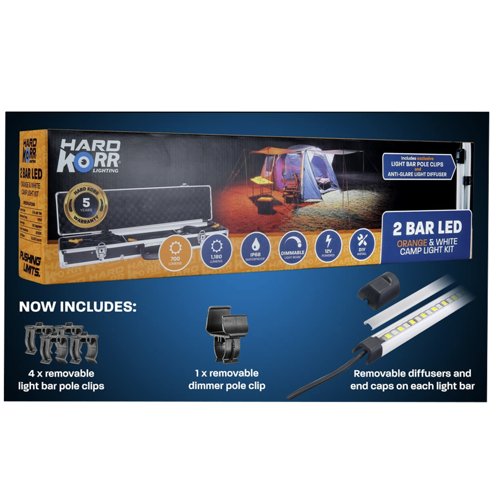 AreaBFE Tents Hard Korr 2 Bar Orange/White LED overlanding and camping light kit with diffusers.