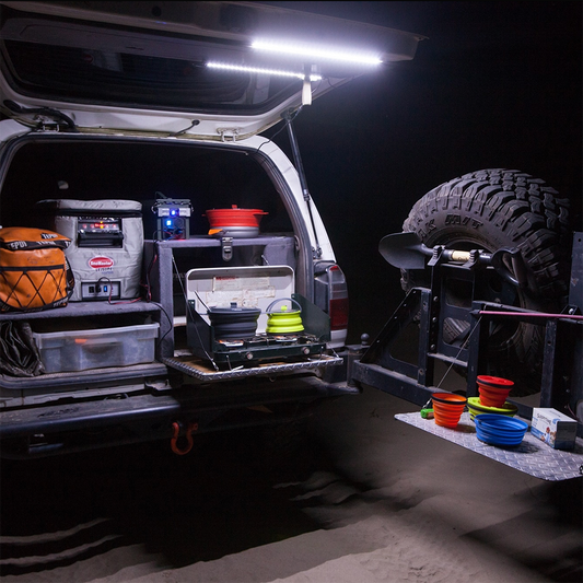AreaBFE Tents Hard Korr 2 Bar Orange/White LED overlanding and camping light kit with diffusers.