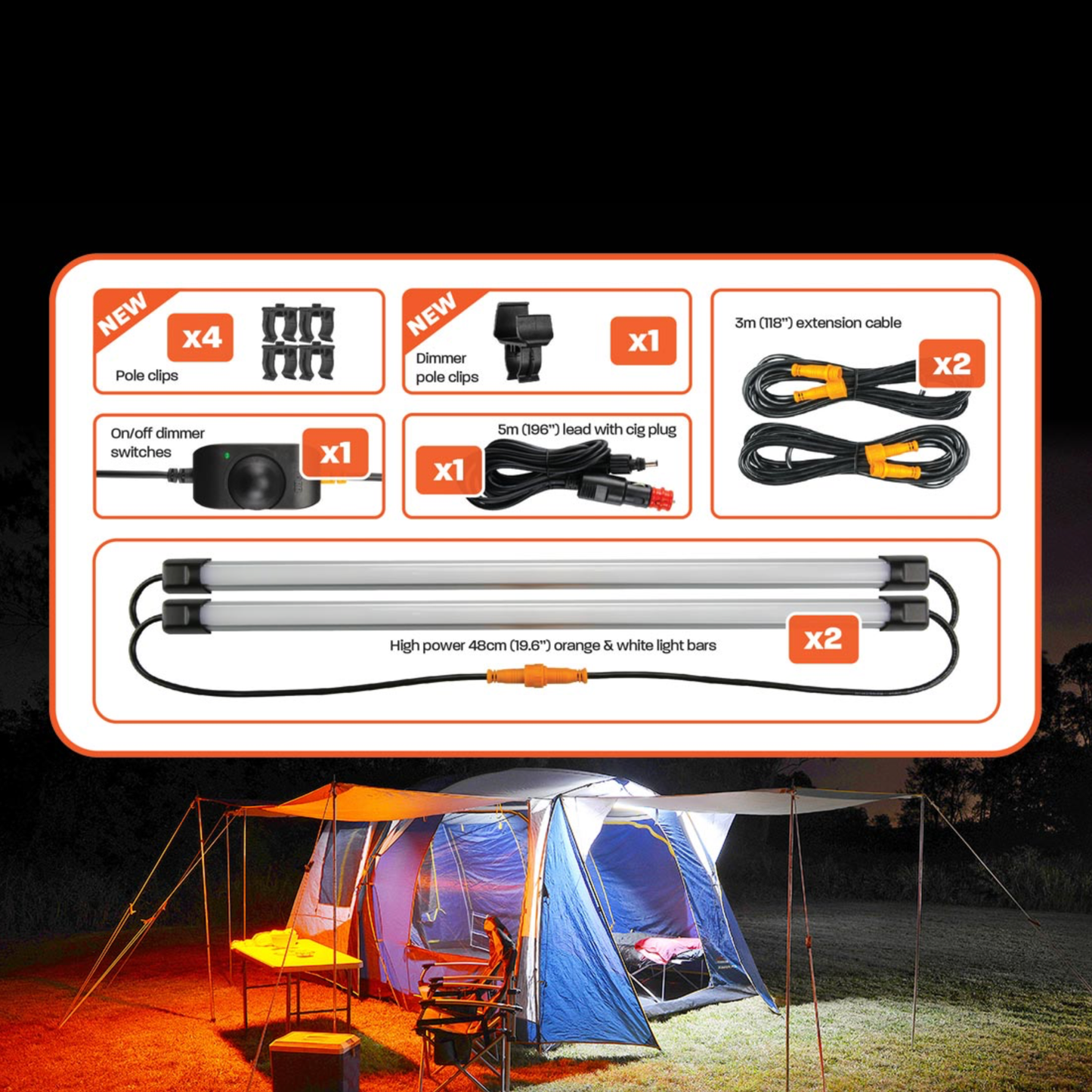 AreaBFE Tents Hard Korr 2 Bar Orange/White LED overlanding and camping light kit with diffusers.